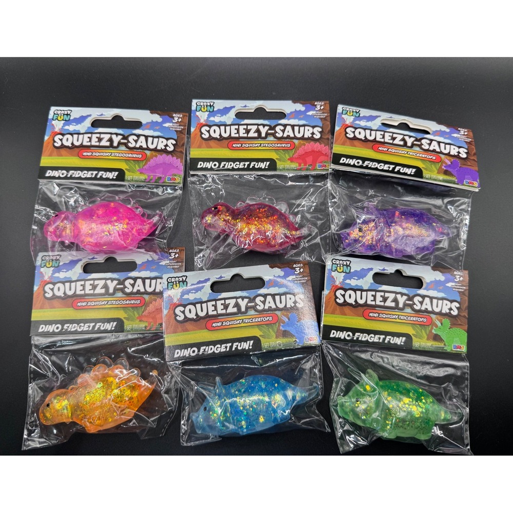 Crazy Fun Squeezy-Saurs Mini Squishy Dinosaur Fidget Toy Lot of 6 Glitter Dino